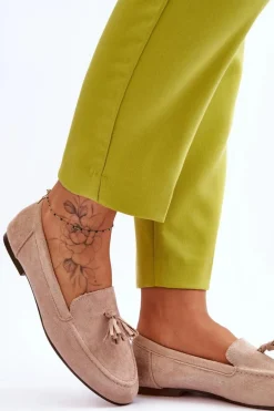 Zamszowe Klasyczne Mokasyny Z Frędzlami Beżowe Averil