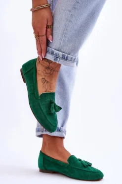 Zamszowe Klasyczne Mokasyny Z Frędzlami Zielone Averil