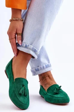 Zamszowe Klasyczne Mokasyny Z Frędzlami Zielone Averil