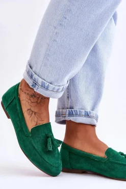 Zamszowe Klasyczne Mokasyny Z Frędzlami Zielone Averil