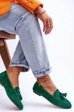 Zamszowe Klasyczne Mokasyny Z Frędzlami Zielone Averil