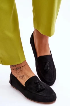 Zamszowe Klasyczne Mokasyny Z Frędzlami Czarne Averil