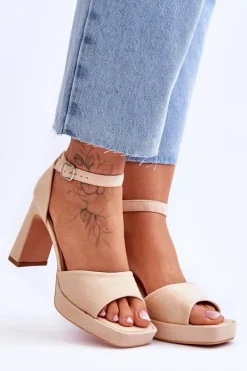 Zamszowe Klasyczne Sandały Na Platformie Beżowe Classy