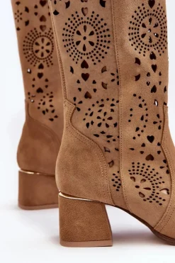 Zamszowe Kozaki Ażurowe Lewski Shoes 3171 Beżowe