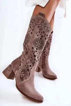 Zamszowe Kozaki Ażurowe Lewski Shoes 3171 Cappucino