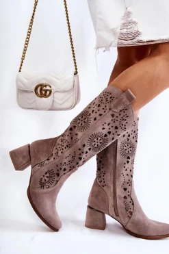 Zamszowe Kozaki Ażurowe Lewski Shoes 3171 Cappucino