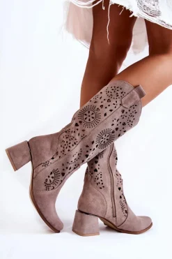 Zamszowe Kozaki Ażurowe Lewski Shoes 3171 Cappucino