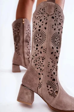 Zamszowe Kozaki Ażurowe Lewski Shoes 3171 Cappucino