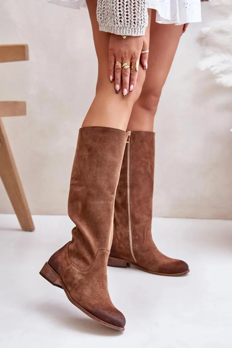 Zamszowe Kozaki Damskie Do Połowy Łydki Na Zamek Lewski 3616 Brązowe