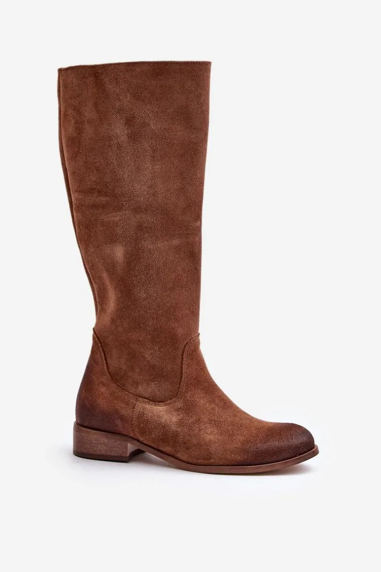 Zamszowe Kozaki Damskie Do Połowy Łydki Na Zamek Lewski 3616 Brązowe