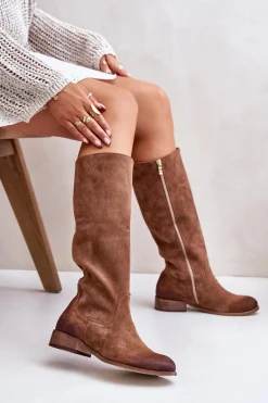 Zamszowe Kozaki Damskie Do Połowy Łydki Na Zamek Lewski 3616 Brązowe