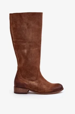 Zamszowe Kozaki Damskie Do Połowy Łydki Na Zamek Lewski 3616 Brązowe
