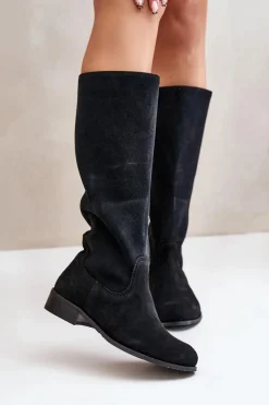 Zamszowe Kozaki Damskie Do Połowy Łydki Na Zamek Lewski 3616 Czarne