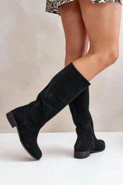 Zamszowe Kozaki Damskie Do Połowy Łydki Na Zamek Lewski 3616 Czarne