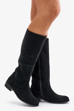 Zamszowe Kozaki Damskie Do Połowy Łydki Na Zamek Lewski 3616 Czarne