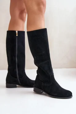 Zamszowe Kozaki Damskie Do Połowy Łydki Na Zamek Lewski 3616 Czarne