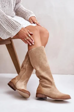 Zamszowe Kozaki Damskie Do Połowy Łydki Na Zamek Lewski 3616 Beżowe