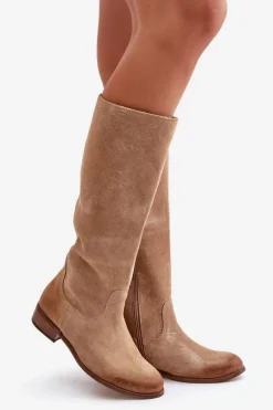 Zamszowe Kozaki Damskie Do Połowy Łydki Na Zamek Lewski 3616 Beżowe