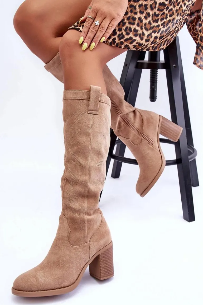 Zamszowe Kozaki Damskie Na Słupku Beżowe Khabira