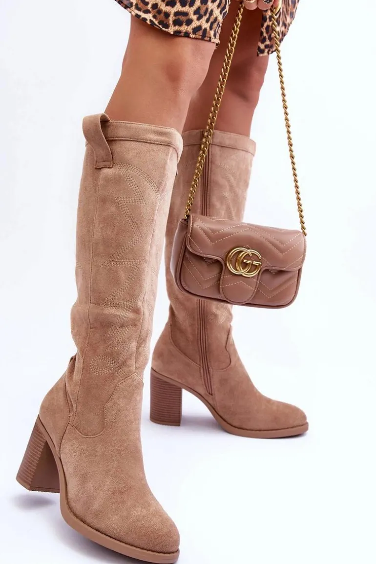 Zamszowe Kozaki Damskie Na Słupku Beżowe Khabira