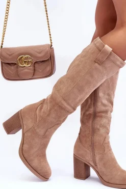 Zamszowe Kozaki Damskie Na Słupku Beżowe Khabira