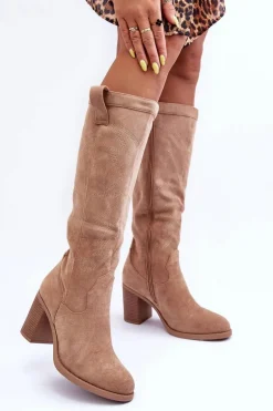 Zamszowe Kozaki Damskie Na Słupku Beżowe Khabira