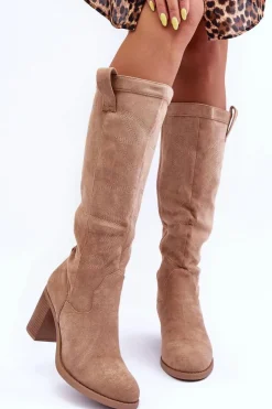 Zamszowe Kozaki Damskie Na Słupku Beżowe Khabira