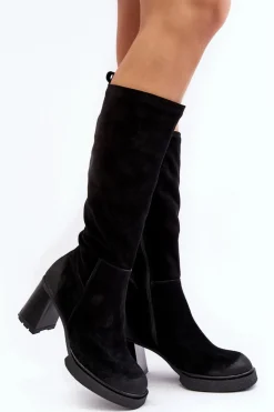 Zamszowe Kozaki Damskie Na Słupku Przed Kolano Lemar Czarne Ceraxa