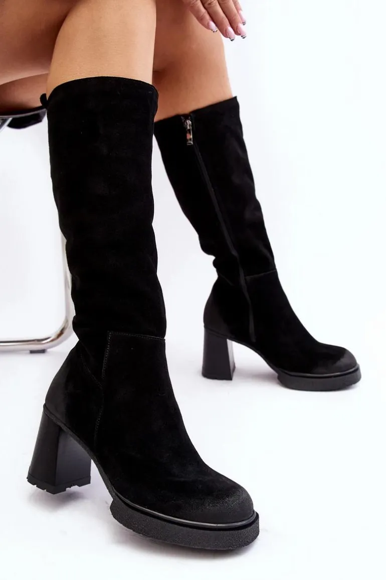 Zamszowe Kozaki Damskie Na Słupku Przed Kolano Lemar Czarne Ceraxa