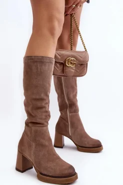 Zamszowe Kozaki Damskie Na Słupku Przed Kolano Brązowe Lemar Ceraxa
