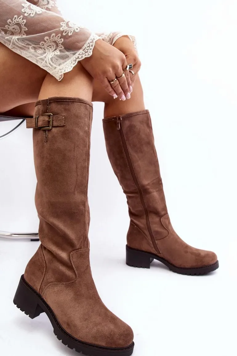 Zamszowe Kozaki Damskie Na Płaskim Obcasie Beżowe Saranai