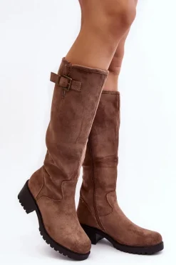 Zamszowe Kozaki Damskie Na Płaskim Obcasie Beżowe Saranai