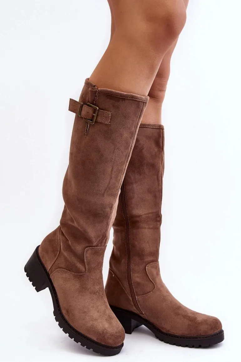 Zamszowe Kozaki Damskie Na Płaskim Obcasie Beżowe Saranai