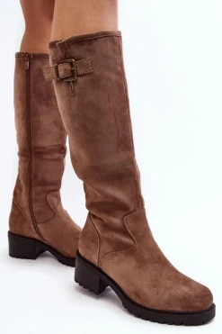Zamszowe Kozaki Damskie Na Płaskim Obcasie Beżowe Saranai