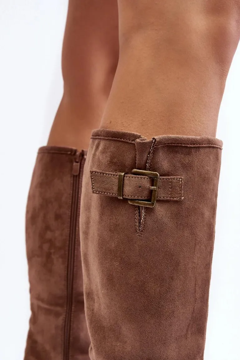 Zamszowe Kozaki Damskie Na Płaskim Obcasie Beżowe Saranai