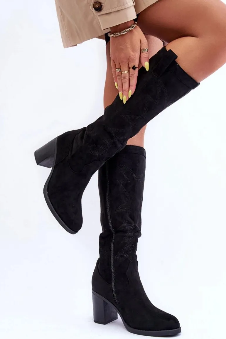 Zamszowe Kozaki Damskie Na Słupku Czarne Khabira