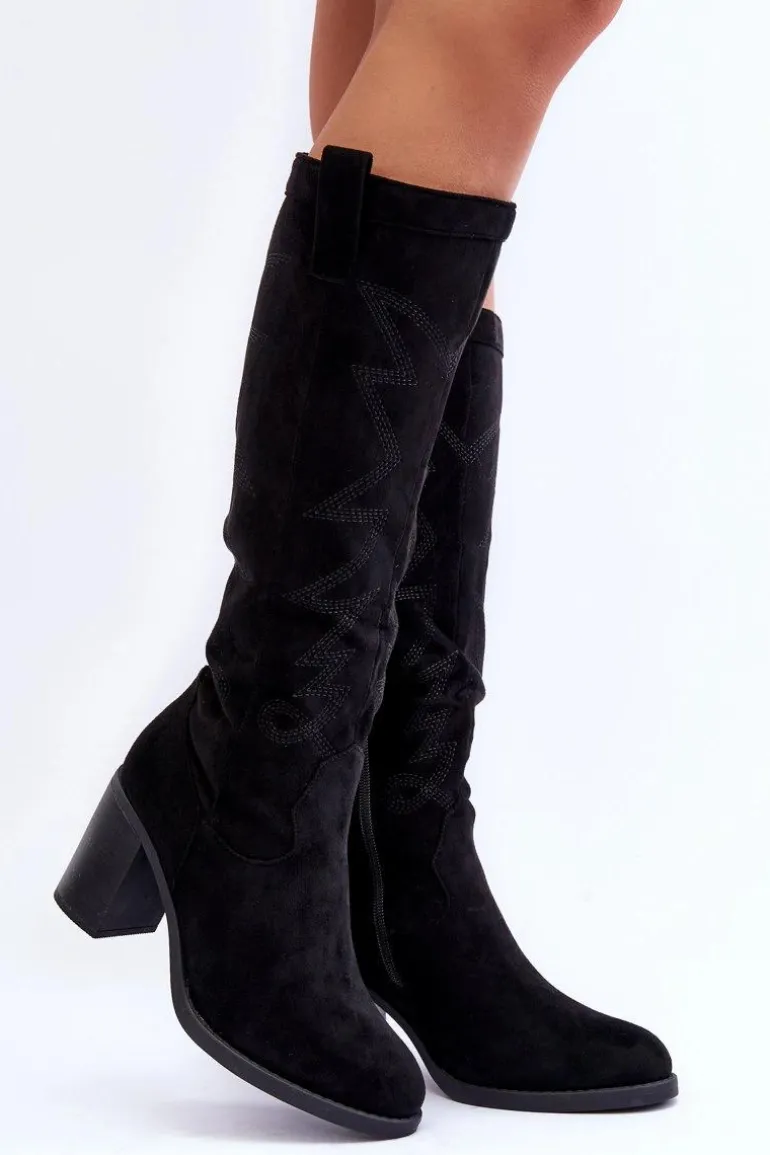 Zamszowe Kozaki Damskie Na Słupku Czarne Khabira