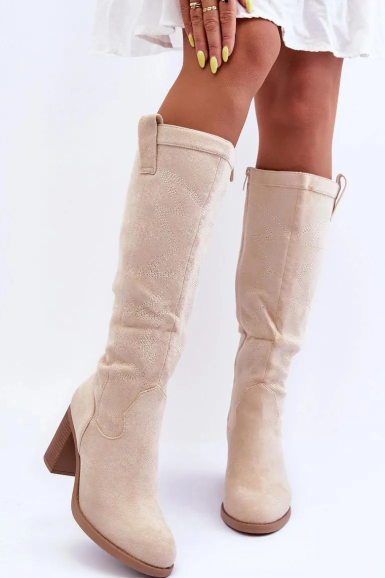 Zamszowe Kozaki Damskie Na Słupku Jasnobeżowe Khabira