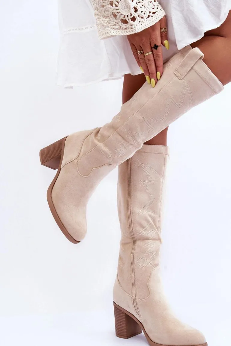 Zamszowe Kozaki Damskie Na Słupku Jasnobeżowe Khabira