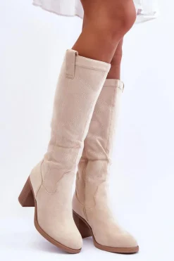 Zamszowe Kozaki Damskie Na Słupku Jasnobeżowe Khabira
