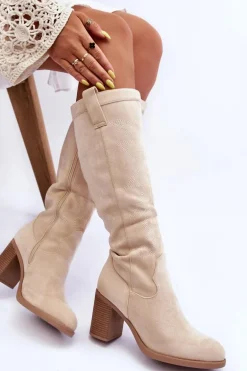 Zamszowe Kozaki Damskie Na Słupku Jasnobeżowe Khabira