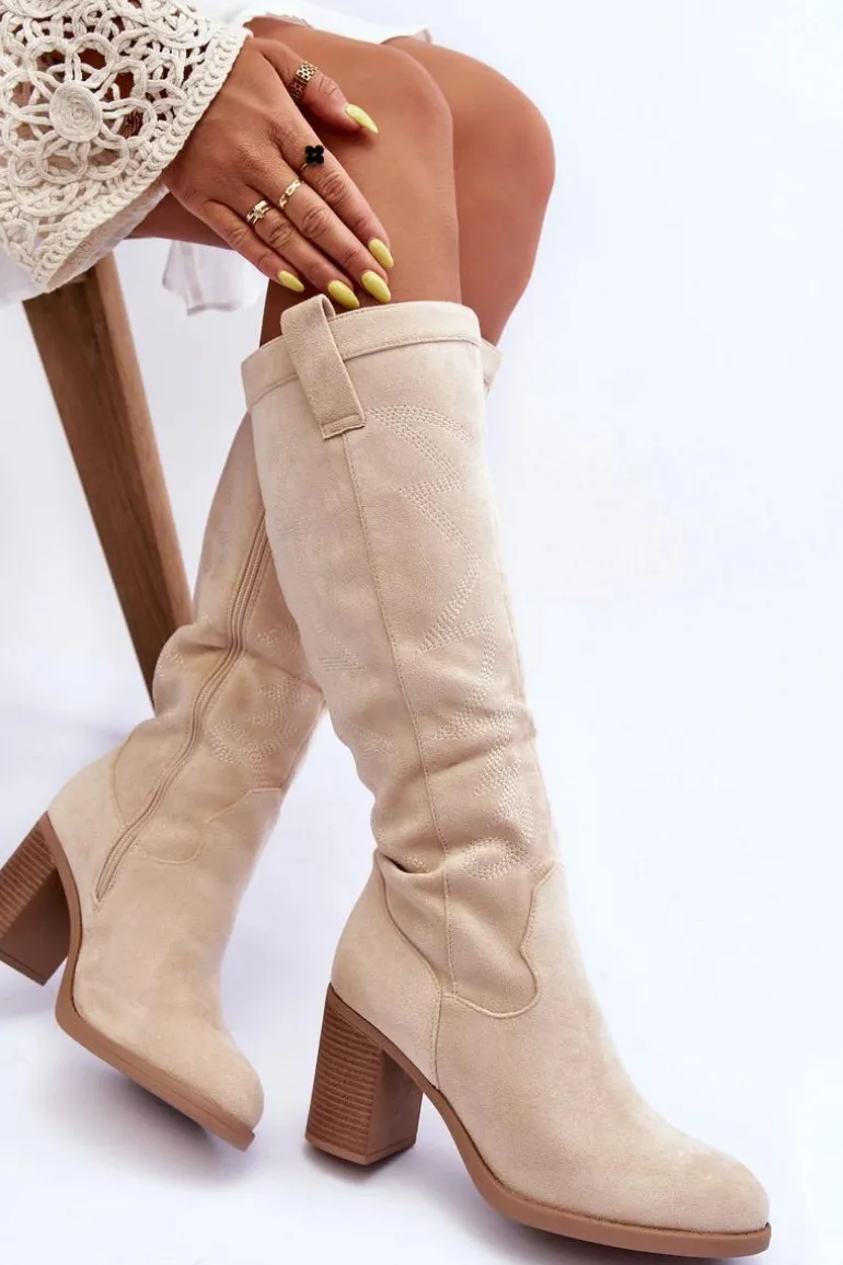 Zamszowe Kozaki Damskie Na Słupku Jasnobeżowe Khabira