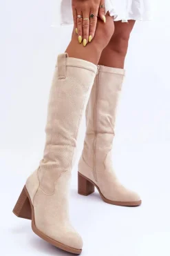 Zamszowe Kozaki Damskie Na Słupku Jasnobeżowe Khabira