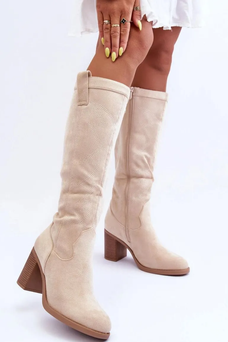 Zamszowe Kozaki Damskie Na Słupku Jasnobeżowe Khabira