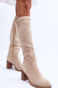 Zamszowe Kozaki Damskie Na Słupku Jasnobeżowe Khabira