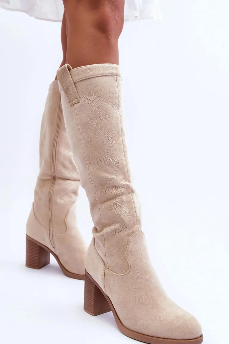 Zamszowe Kozaki Damskie Na Słupku Jasnobeżowe Khabira