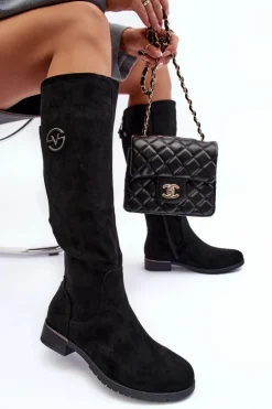 Zamszowe Kozaki Damskie Na Płaskim Obcasie Czarne Albuna