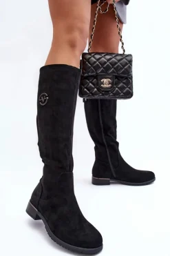 Zamszowe Kozaki Damskie Na Płaskim Obcasie Czarne Albuna