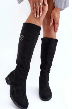 Zamszowe Kozaki Damskie Na Płaskim Obcasie Czarne Albuna