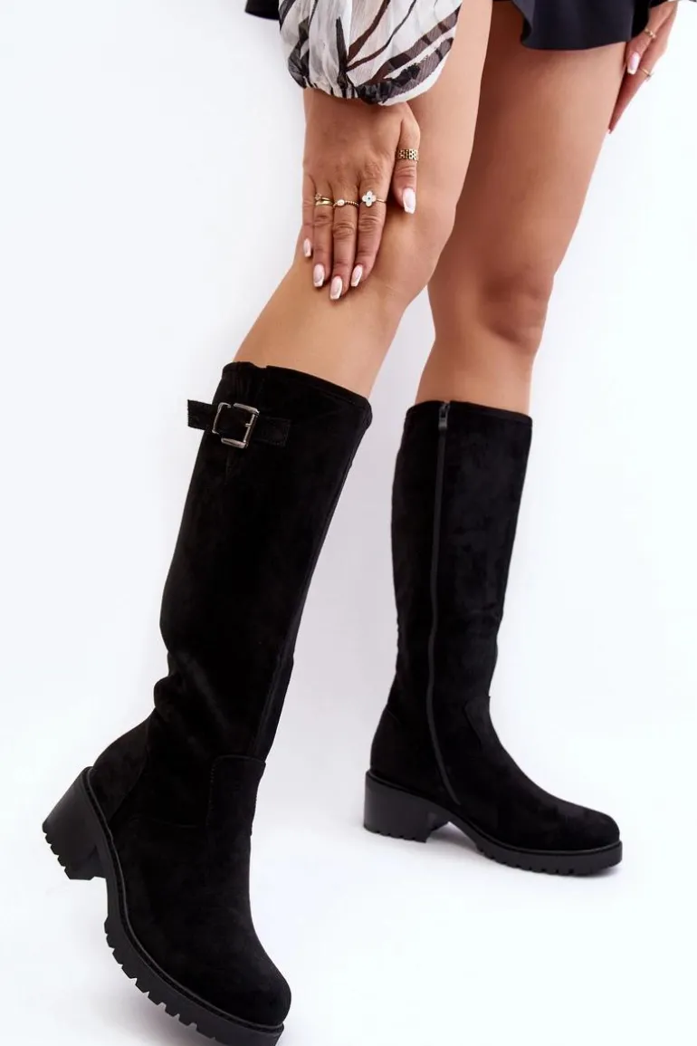 Zamszowe Kozaki Damskie Na Płaskim Obcasie Czarne Saranai